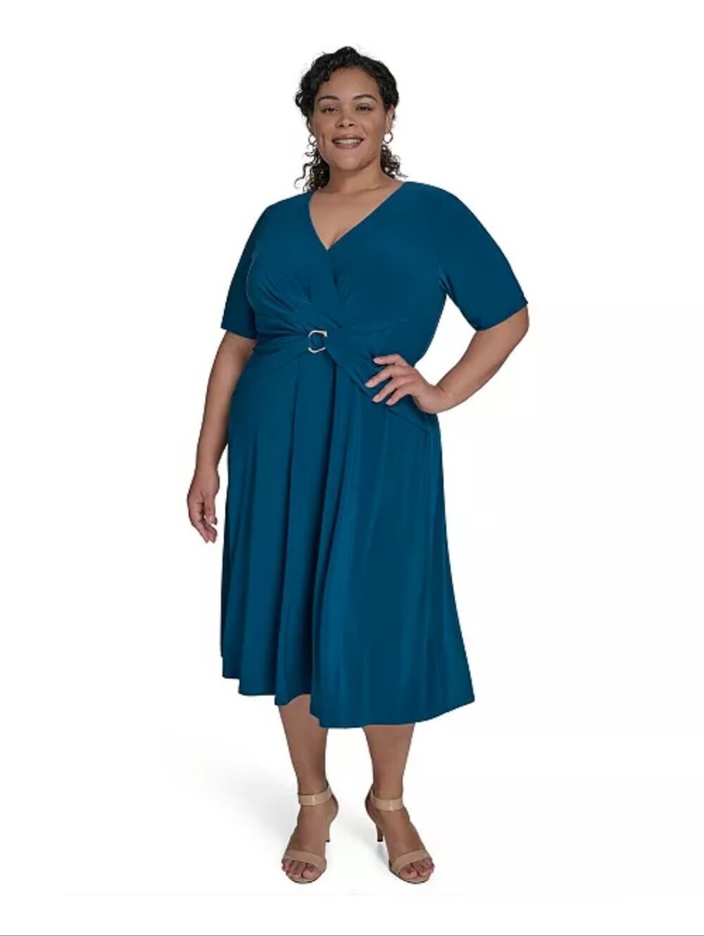 Jessica Howard NWT Teal Plus Size 22W Faux Wrap Midi Dress Ruched Strecthy